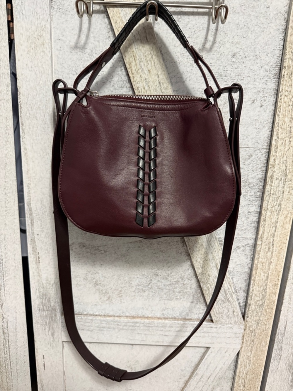 All Saints Wine Leather Shoulder Bag with Braided Accent